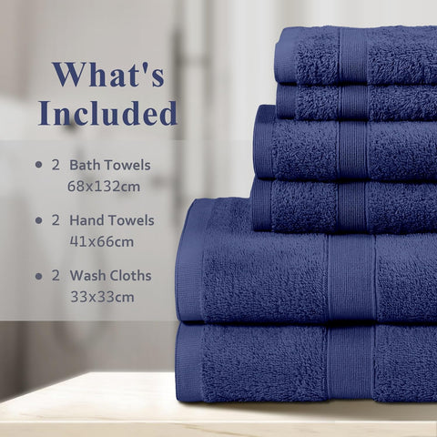 LINENOVA 6 Piece Towel Set with 2 Bath Towels,2 Hand Towels, and 2 Washcloths, 100% Combed Cotton Ultra Soft Highly Absorbent 550GSM Bath Towel Set for Bathroom, Gym, Yoga (Navy)