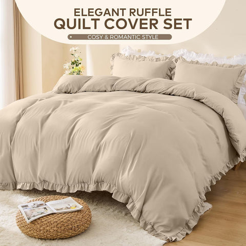 LINENOVA Ruffle Quilt Cover Set Queen – Ultra Soft 2000TC Microfibre Duvet Doona Cover with Corner Ties & Button Closure – 3-Piece Bedding Set with 2 Pillowcases - Warm Sand