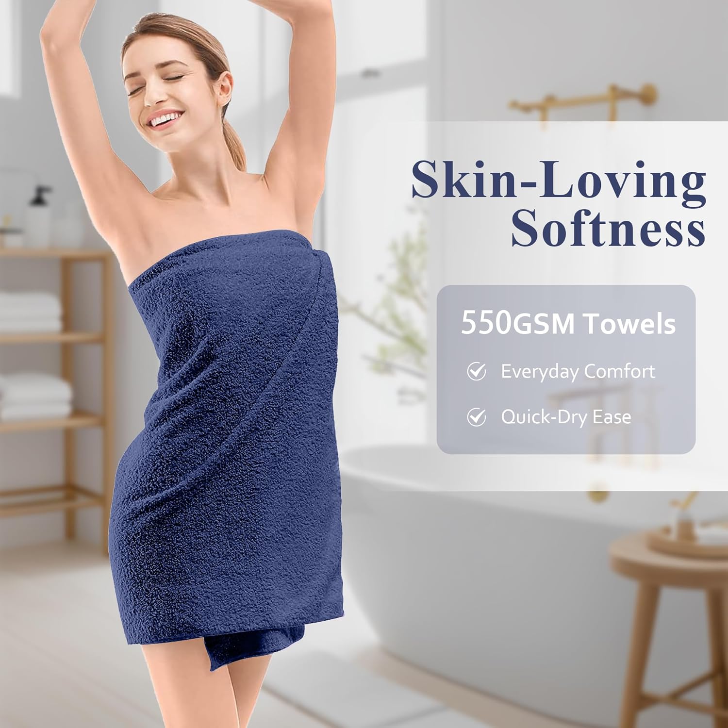 LINENOVA 6 Piece Towel Set with 2 Bath Towels,2 Hand Towels, and 2 Washcloths, 100% Combed Cotton Ultra Soft Highly Absorbent 550GSM Bath Towel Set for Bathroom, Gym, Yoga (Navy)