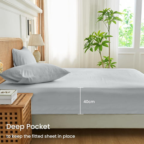 LINENOVA Premium 100% Cotton Fitted Sheet Only- Queen Size(1 Piece), Luxury Softness, Elasticized 40cm Deep Pockets Fitted Sheet - Silver