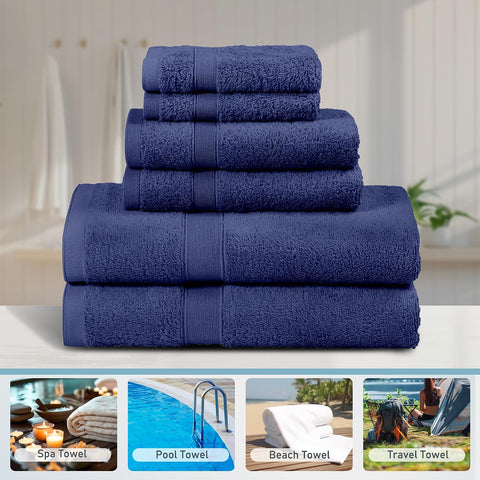 LINENOVA 6 Piece Towel Set with 2 Bath Towels,2 Hand Towels, and 2 Washcloths, 100% Combed Cotton Ultra Soft Highly Absorbent 550GSM Bath Towel Set for Bathroom, Gym, Yoga (Navy)