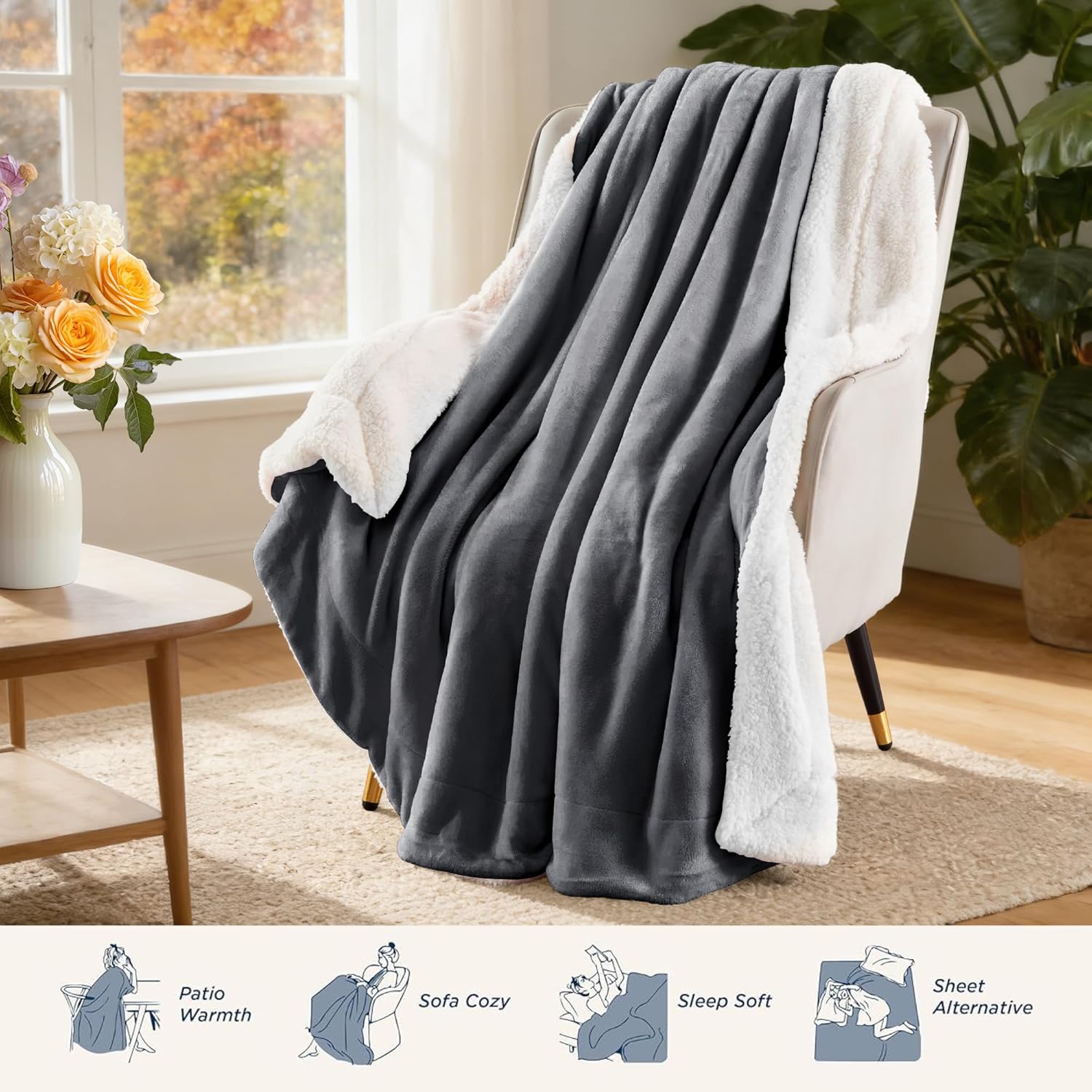 LINENOVA Sherpa Fleece Blanket Single 220x240cm, Thick & Warm Cozy Blanket for Winter, Soft Fuzzy Plush Throw for Sofa, Bed, Pets - Charcoal
