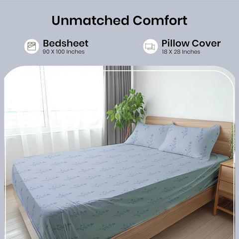 LINENCART Bamboo King Size Bedsheet with 2 Pillow Covers | 100x106 in | 300 TC Floral Printed Bedsheet for Double Bed King Size | Ultra Soft & Anti-Microbial King Size Bed Sheet | Pack of 1, Aqua Blue