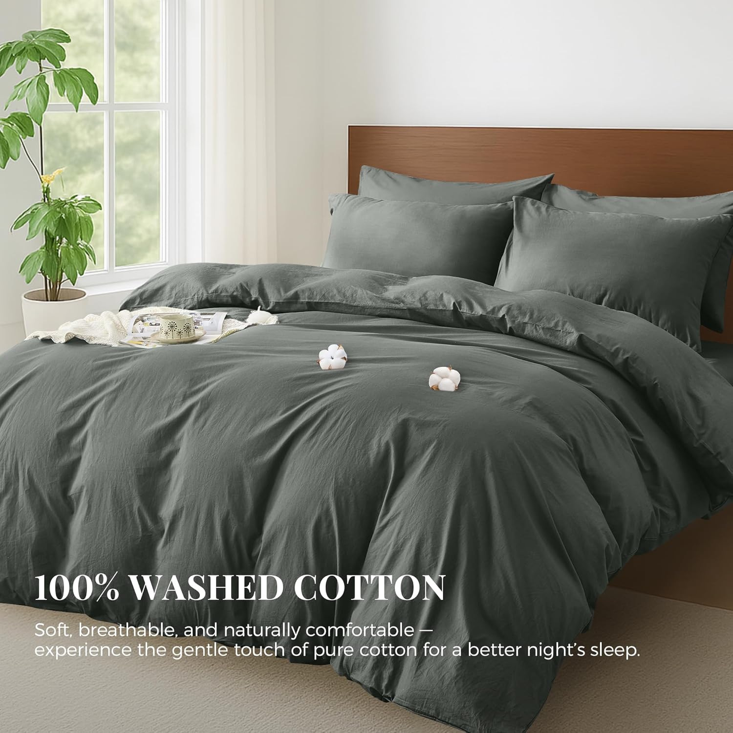 LINENOVA Vintage Stone Washed 100% Cotton Quilt Cover Set Queen Size, 3 Piece Doona Duvet Cover with Pillowcases, Naturally Soft & Breathable All Season Bedding - Charcoal