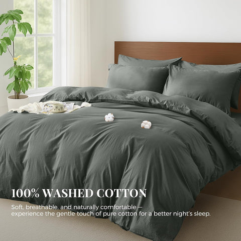LINENOVA Vintage Stone Washed 100% Cotton Quilt Cover Set Queen Size, 3 Piece Doona Duvet Cover with Pillowcases, Naturally Soft & Breathable All Season Bedding - Charcoal