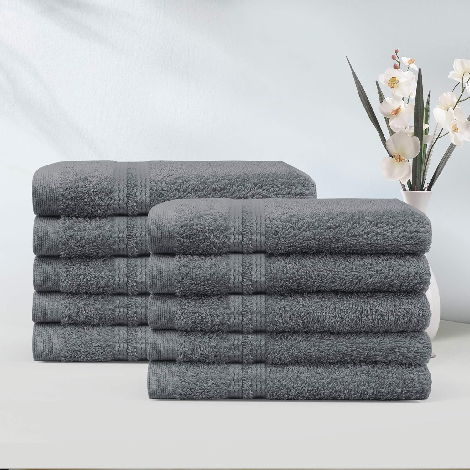 LINENOVA 100% Cotton Face Washer Towel (10 Pack) - Ultra-Soft, 500GSM Highly Absorbent Quick Dry - Great Value Ribbon Gift Pack - Perfect for Hotel, Gym, Spa, Kitchen - 30x30cm - Charcoal