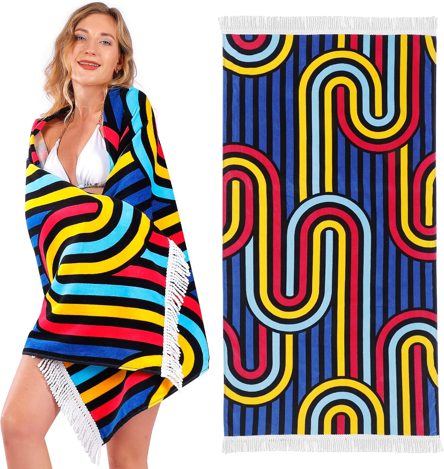 LINEKART 100% Cotton Beach Towel -86x163cm Sand Free Beach Blanket Soft and Absorbent Towels for Swimming, Sports, Beach, Gym, Travel ((Nautical Stripe