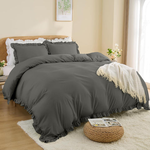 LINENOVA Ruffle Quilt Cover Set Single – Ultra Soft 2000TC Microfibre Duvet Doona Cover with Corner Ties & Button Closure – 2-Piece Bedding Set with Pillowcase - Dark Grey