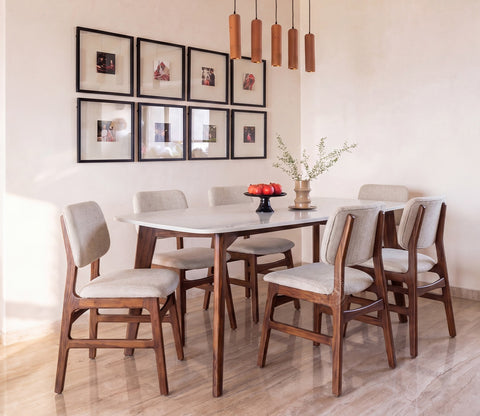 Vivara 6 Seater Dinining Set with Valence Quartz-Top Table and Vinara Upholstered Chair (Cottage Ivory)