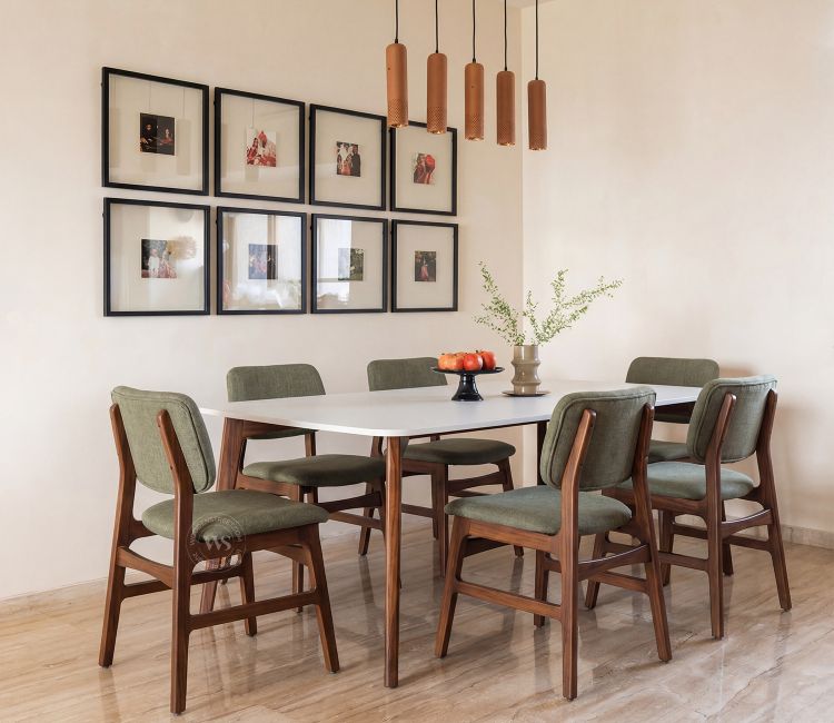 Vivara 6 Seater Dinining Set with Valence Quartz-Top Table and Vinara Upholstered Chair (Sage Green)