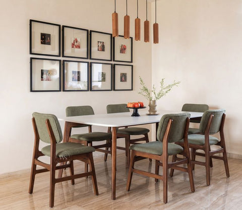 Vivara 6 Seater Dinining Set with Valence Quartz-Top Table and Vinara Upholstered Chair (Sage Green)
