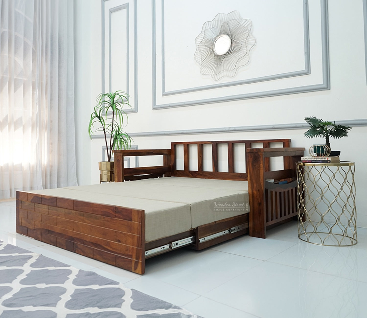 Sereta 3 Seater Sheesham Wood Sofa Cum Bed (King Size, Honey Finish)