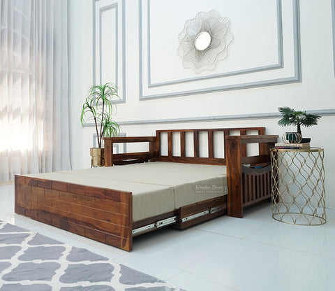 Sereta 3 Seater Sheesham Wood Sofa Cum Bed (King Size, Honey Finish)