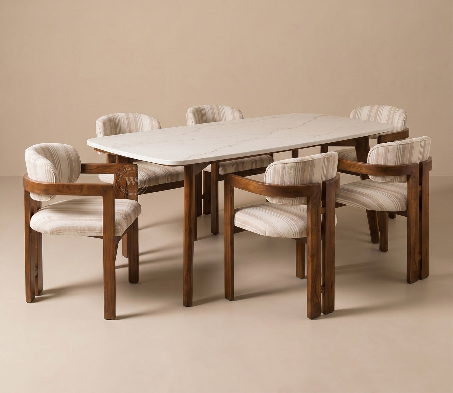 Viraaj 6 Seater Dining Set with Valence Quartz-Top Table and Kaaya Upholstered Chair (Cream Stripe)