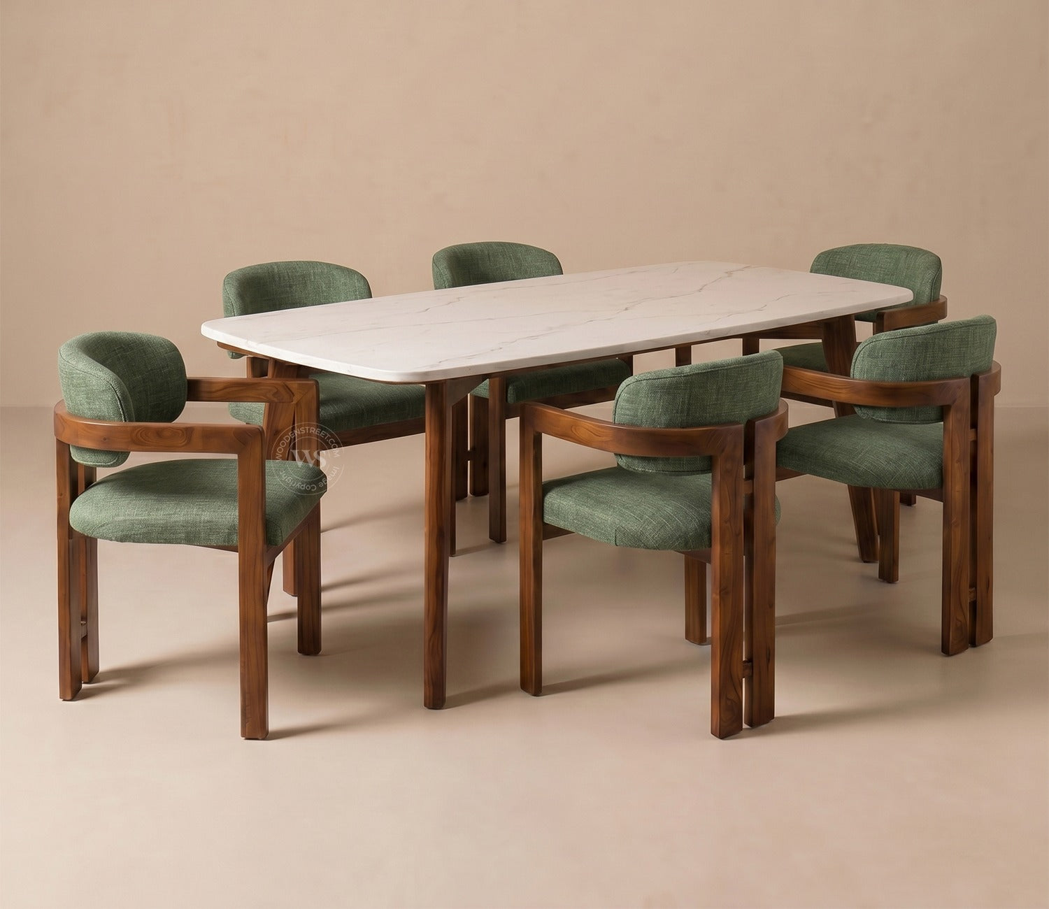 Viraaj 6 Seater Dining Set with Valence Quartz-Top Table and Kaaya Upholstered Chair (Sage Green)