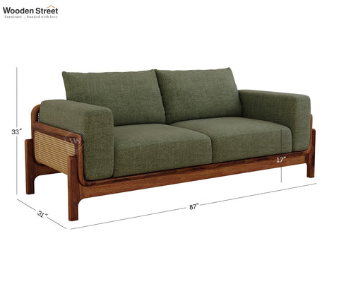 Aranyam Sheesham Wood 3 Seater Sofa with Cane Detailing (Sage Green)