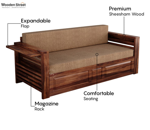 Feltro Sheesham Wood Sofa Bed With Storage (King Size, Honey Beach Cream)