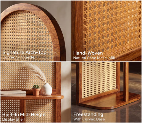 Aakruti Arch Sheesham Wood Single Panel Room Divider with Cane Weave & Open Shelf - Freestanding Partition Screen