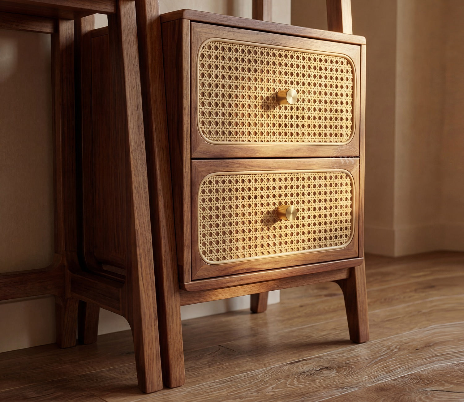 Vyas Sheesham Wood Study Table with Cane Accent, Drawers, Closed and Open Shelves (Teak Finish)