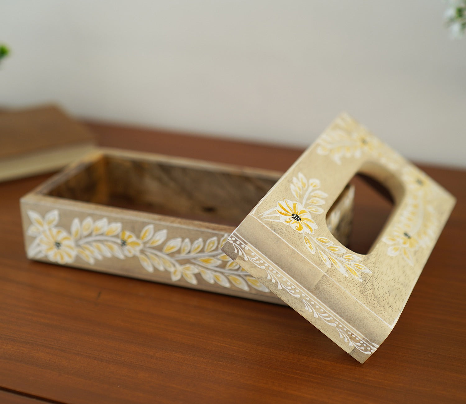 Adiva Floral Hand Painted Wooden Tissue Holder Box