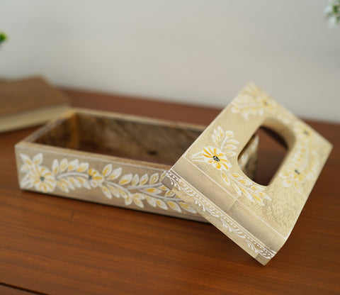 Adiva Floral Hand Painted Wooden Tissue Holder Box