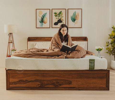 Wildon Premium Sheesham Wood Bed with Cushioned Headboard and Drawer Storage (Queen Size, Teak Finish)