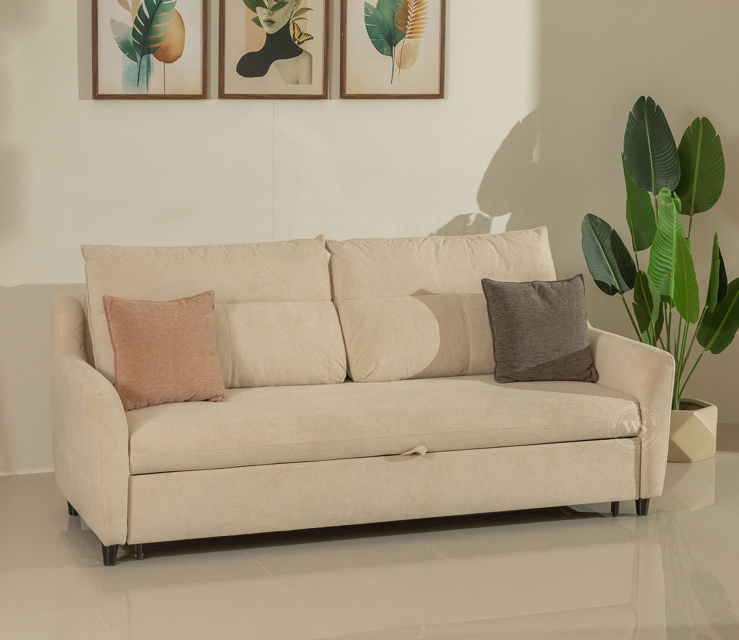 Tevo 3-Seater Sofa Cum Bed | Pull-Out Bed Mechanism | Fabric Upholstery (Off White)