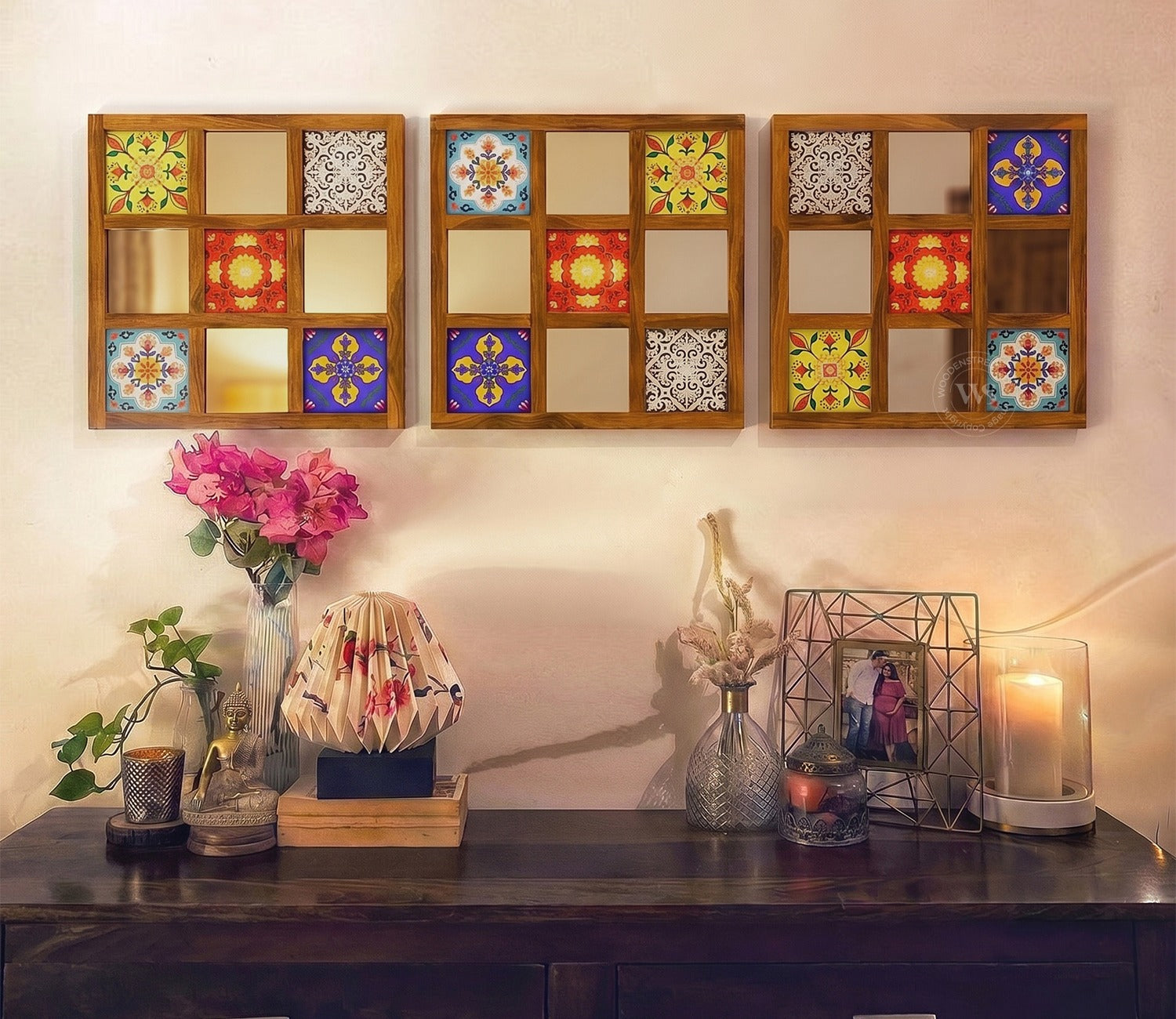 Bohemian Set of 3 Mirror with Frame (Honey Finish)
