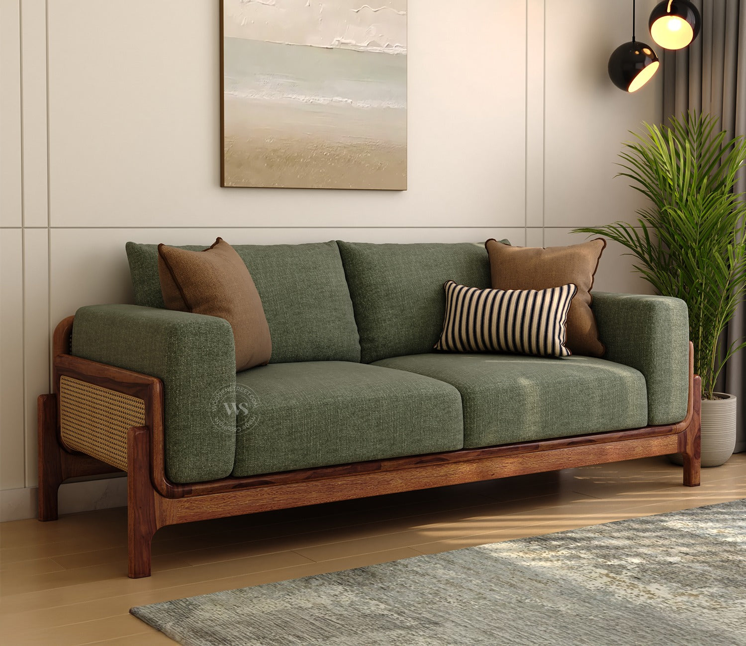 Aranyam Sheesham Wood 3 Seater Sofa with Cane Detailing (Sage Green)