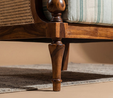 Eterna Sheesham Wood Lounge Chair With Premium Upholstery & Cane Detailing (Teak Finish)