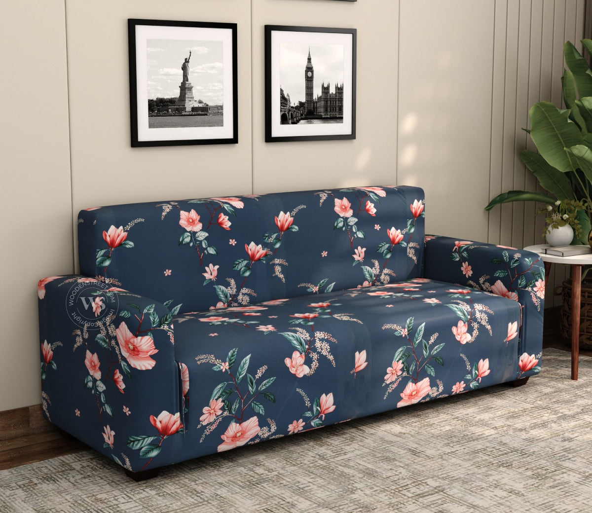 Flaubert Floral Printed Polyester Spandex 3 Seater Sofa Cover (Blue)