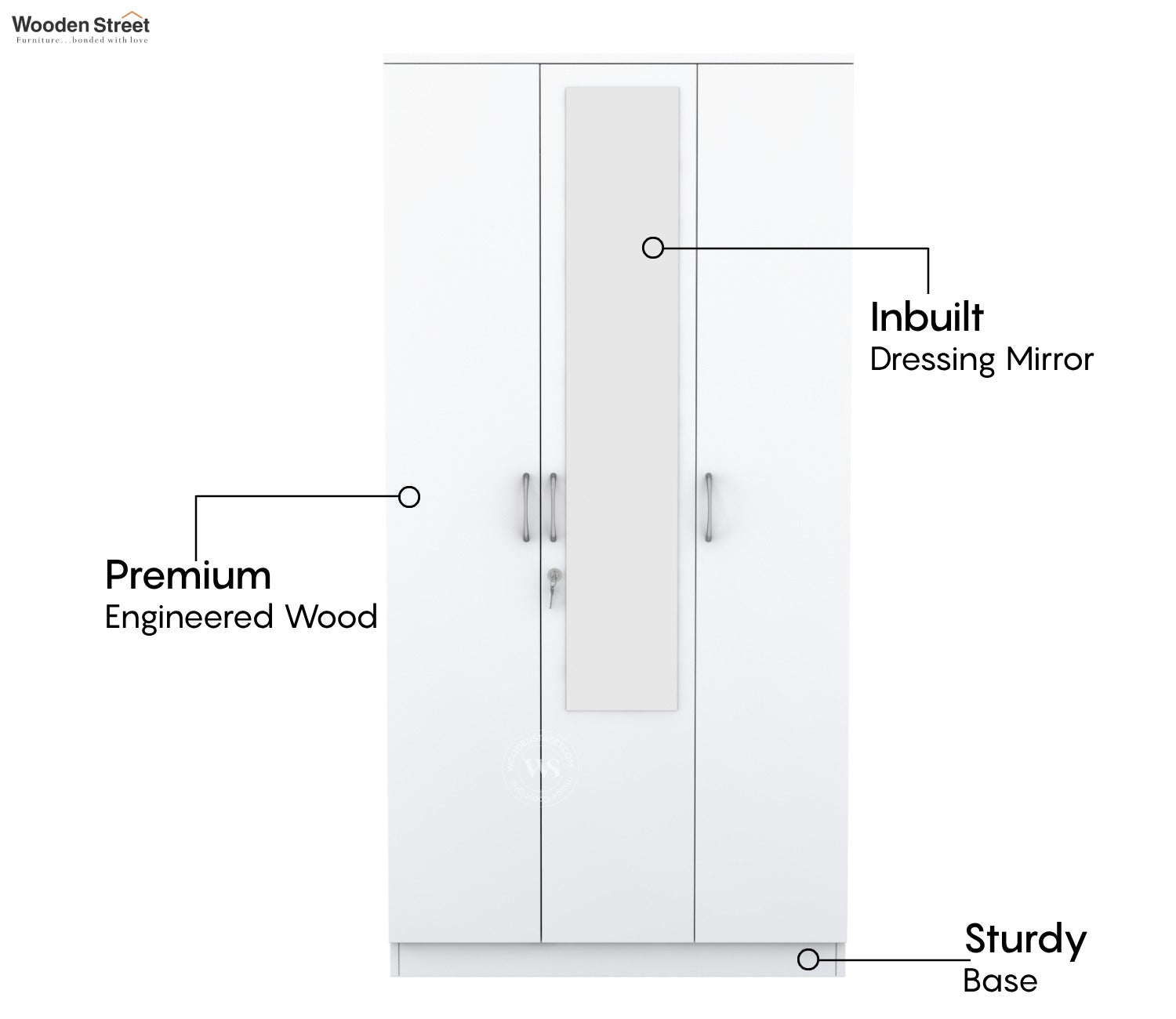 Kayden 3 Door Multi Utility Wardrobe With Hanging Rod & Mirror (Frosty White Finish)