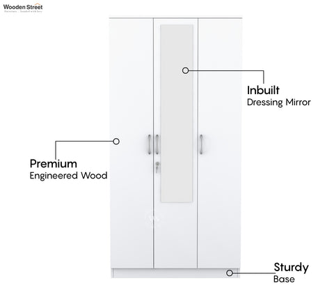 Kayden 3 Door Multi Utility Wardrobe With Hanging Rod & Mirror (Frosty White Finish)