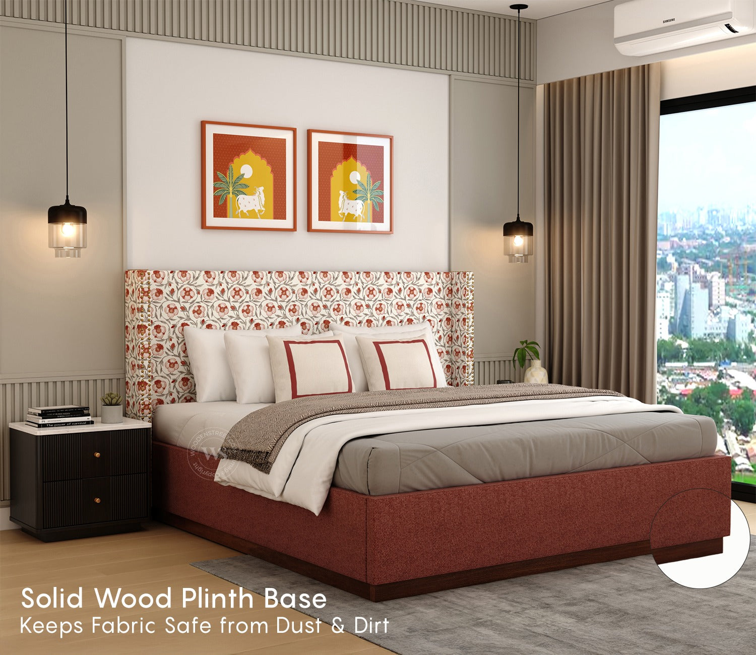 Kesarth Luxe Fabric Bed with High Rise Headboard & Storage (King Size, Red Upholstery)