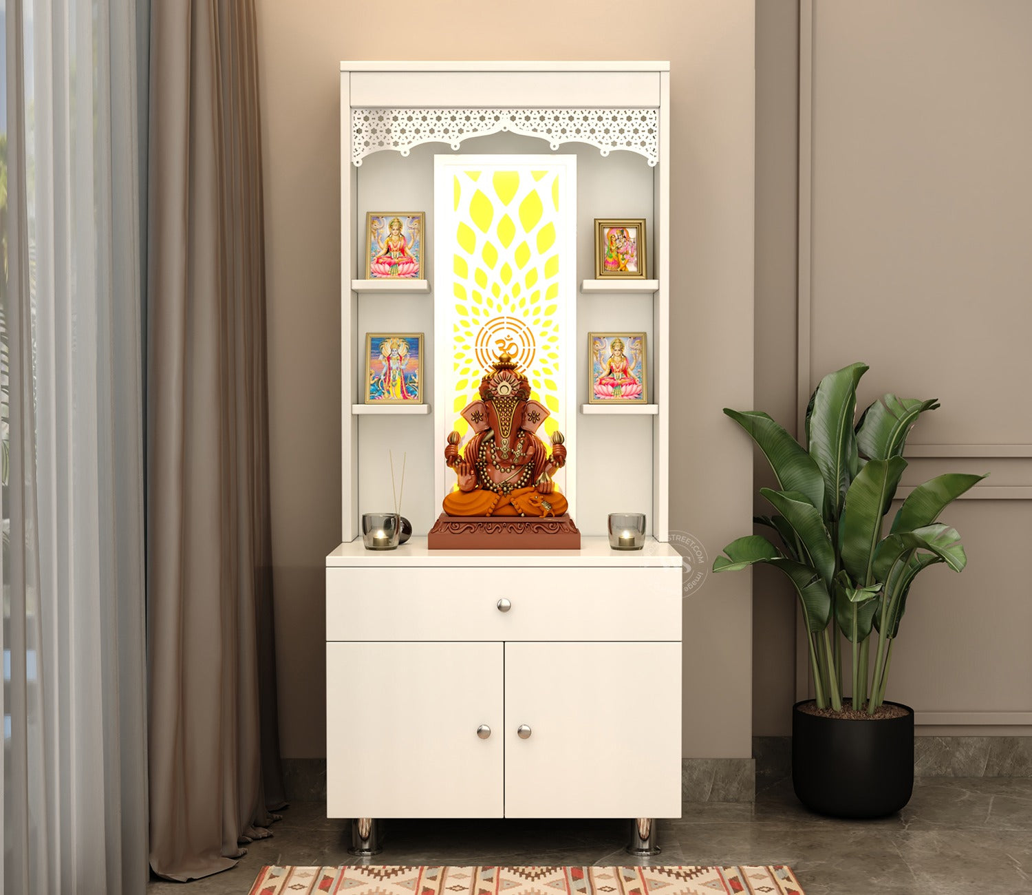 Vidyut Engineered Wood Home Temple With Inbuilt LED Light System (White Finish)