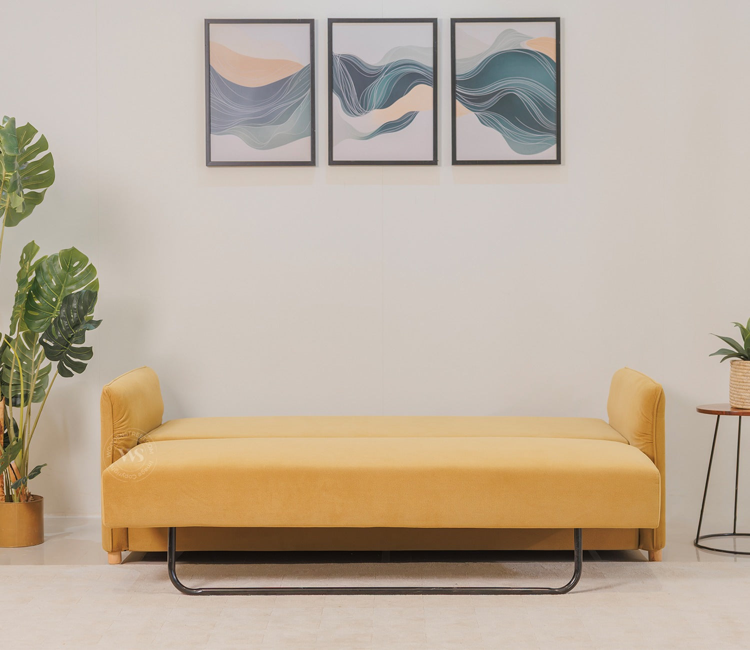 Saffra 3-Seater Sofa Cum Bed | Fold-Out Mechanism | Under-Seat Storage | Fabric Upholstery (Mustard)