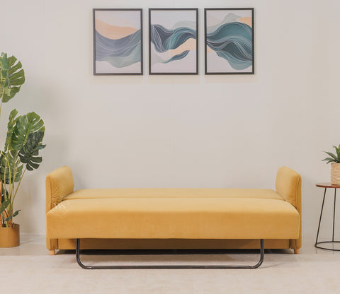 Saffra 3-Seater Sofa Cum Bed | Fold-Out Mechanism | Under-Seat Storage | Fabric Upholstery (Mustard)