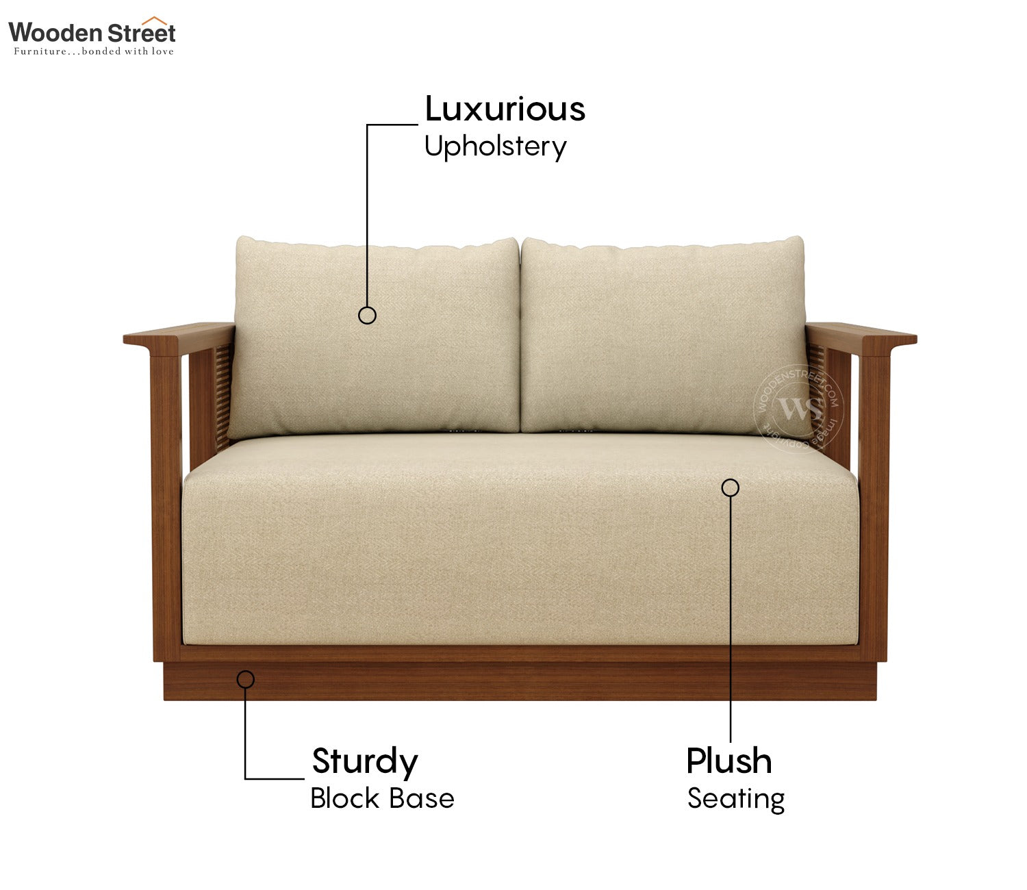 Varnik 2 Seater Ash Wood Sofa with Cane Accents (Teak Finish, Cottage Ivory)