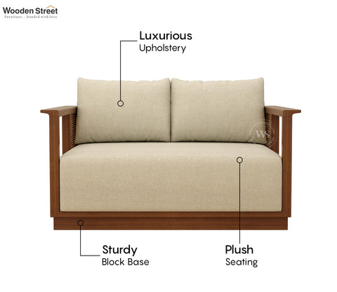 Varnik 2 Seater Ash Wood Sofa with Cane Accents (Teak Finish, Cottage Ivory)