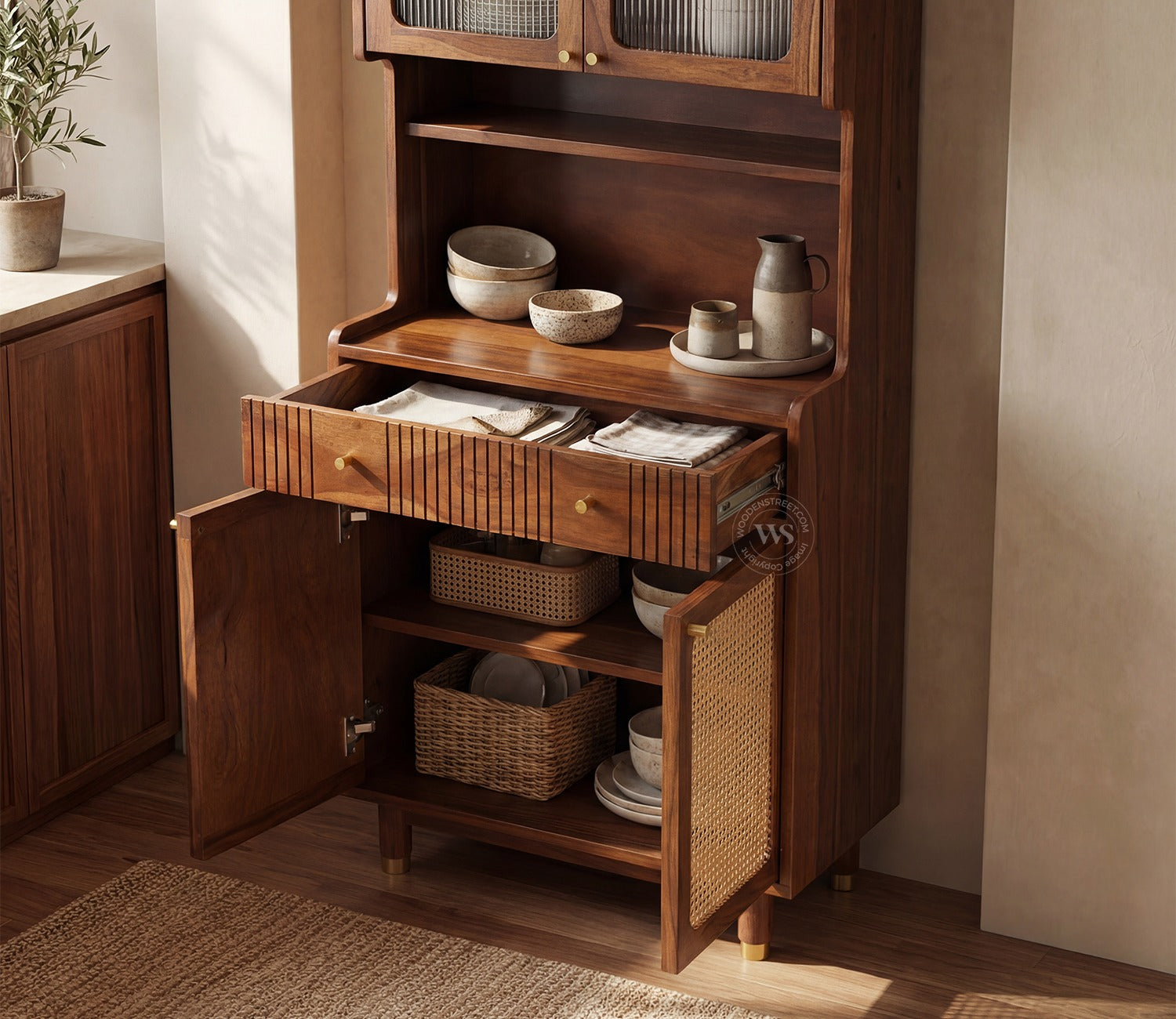 Sanchay Classic Kitchen Cabinet with Fluted Glass, Cane Weave & Brass Knobs (Teak Finish)