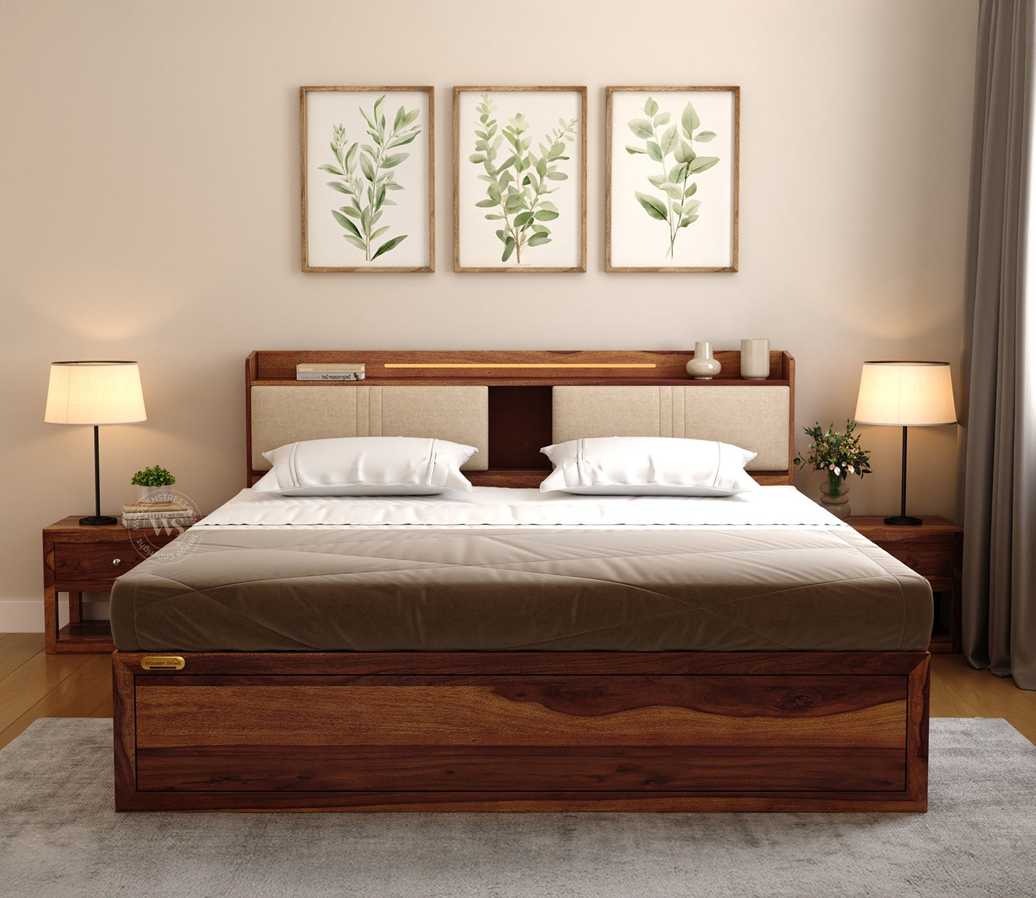 Wildon Premium Sheesham Wood Bed with Cushioned Headboard and Hydraulic Storage (Queen Size, Teak Finish)