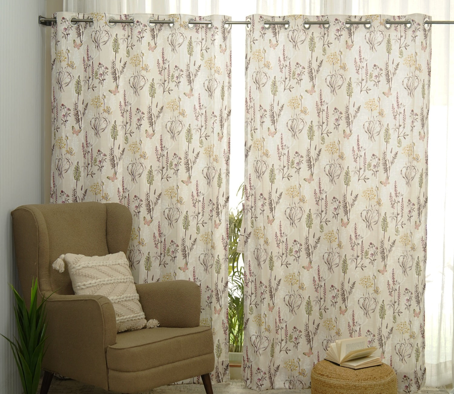 Beige Botanic Mist Floral Print Light-Filtering Door Curtains Set of 2 (Beige, 7 Feet)