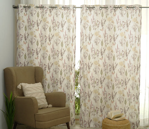 Beige Botanic Mist Floral Print Light-Filtering Door Curtains Set of 2 (Beige, 7 Feet)