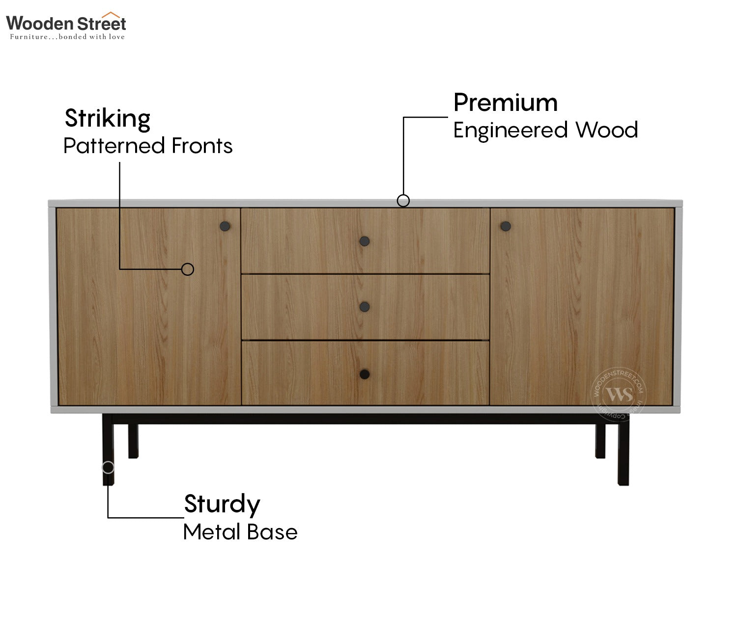 Biscove Modern Cabinet with Designer Textured Surface & Metal Base (Engineered Wood, Santana Pattern)