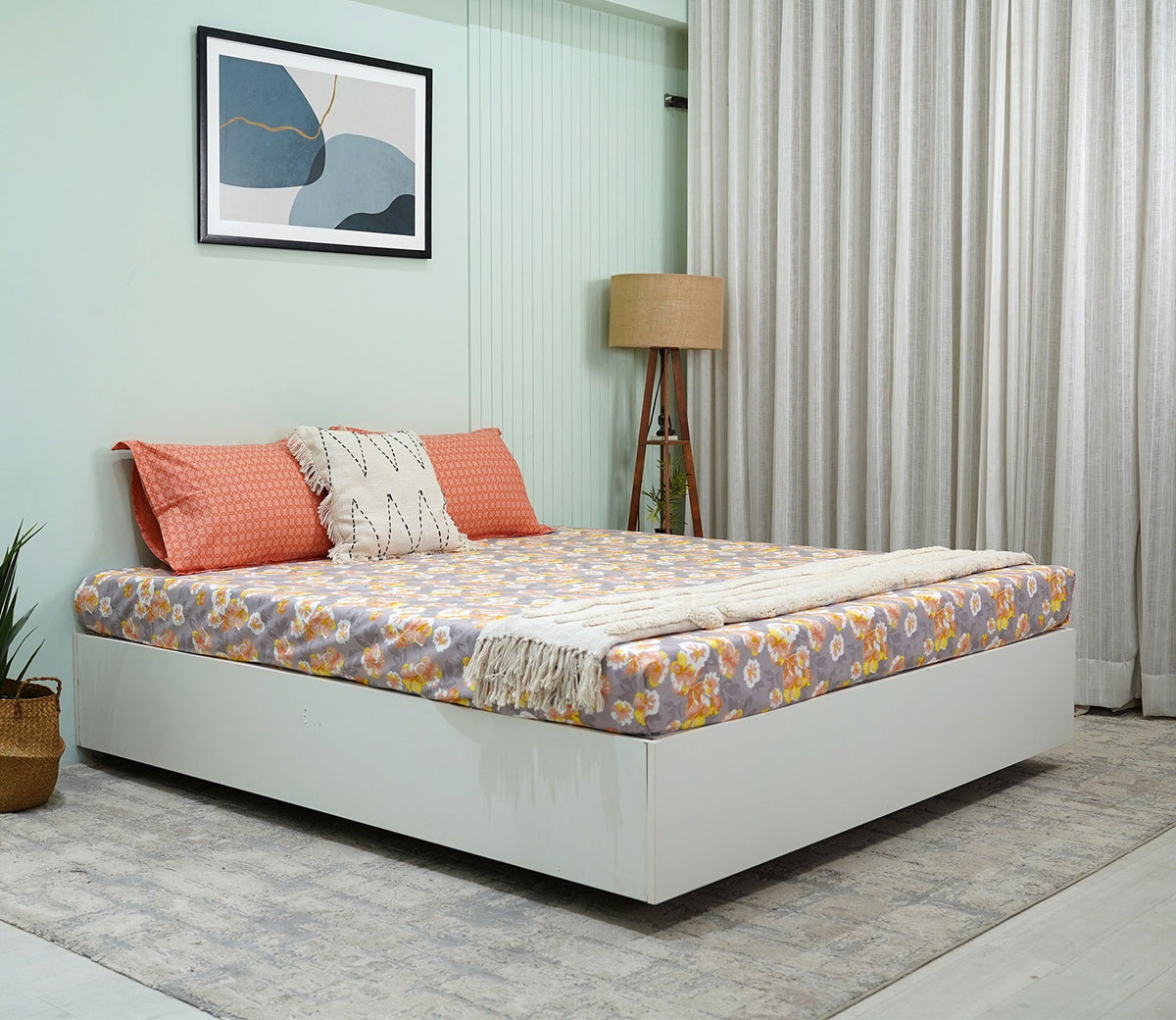 Blossom Celebration Queen Size Bedsheet (Orange)