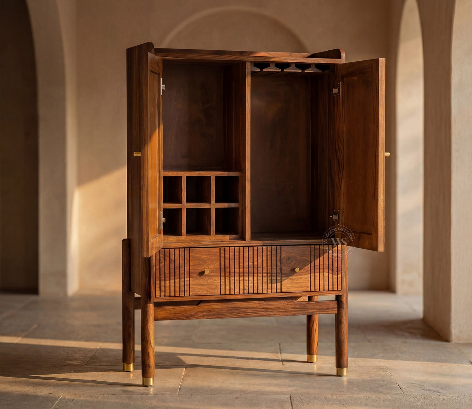 Amodh Sheesham Wood Bar Cabinet with Arched Cane Doors & Brass Handles (Teak Finish)