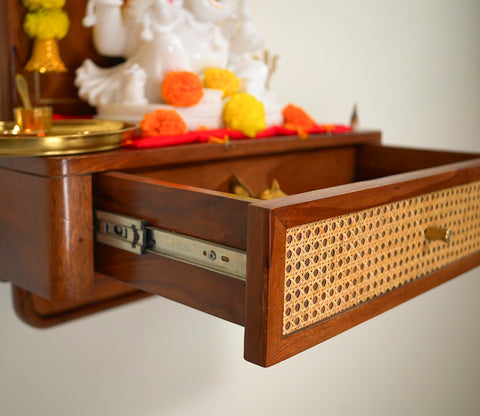 Shoonya Sheesham Wood Home Temple with Brass Detailing and Cane Accents (Teak Finish)