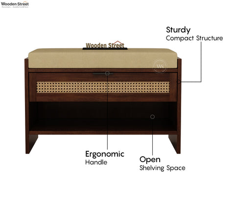 Russet Premium Solid Wood Shoe Rack With Removable Cushioned Seat, Drawer Storage & Cane Detailing (Mango Wood, Teak Finish)