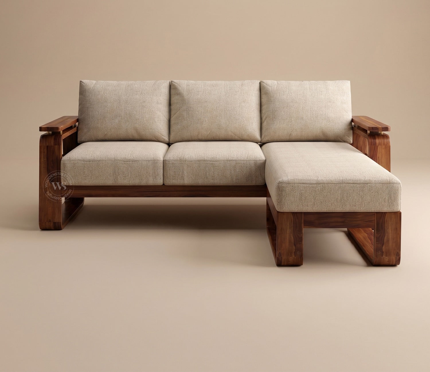 Vedic Sheesham Wood L Shape Left Align Sofa With Cane and Brass Detailing (Honey Finish, Jade Ivory)
