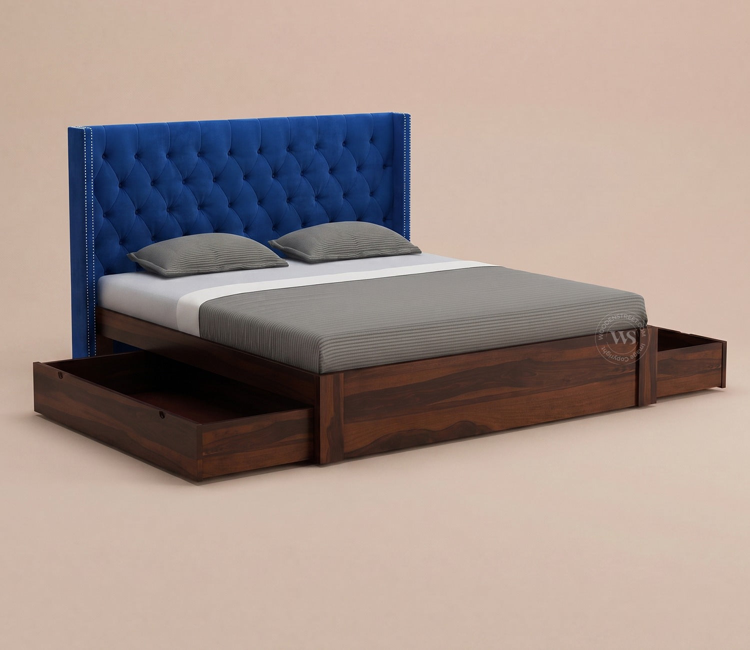 Drewno Sheesham Wood Upholstered Bed With Storage (Queen Size, Indigo Blue)